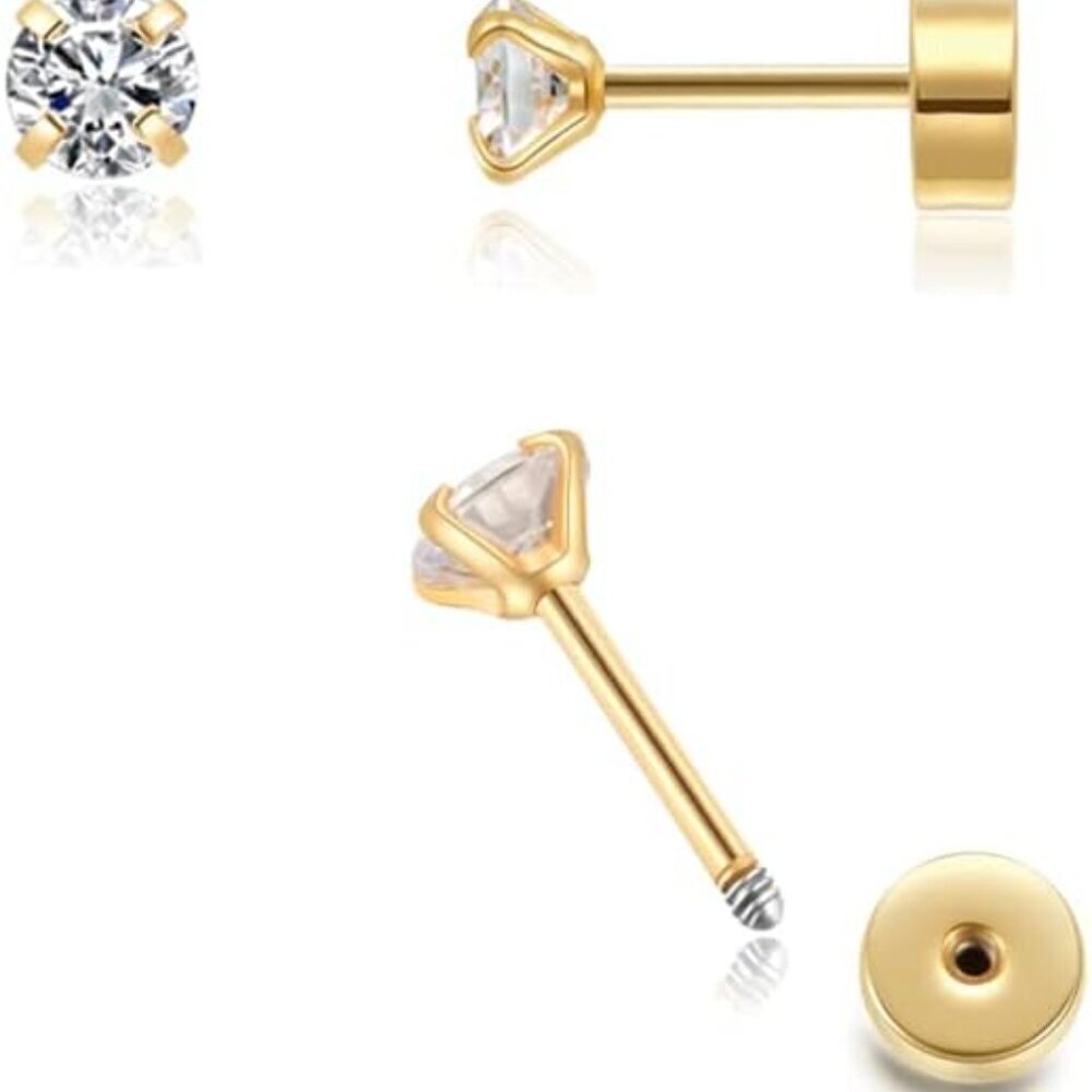 Small Flat Back CZ Stud Earrings for Cartilage Tragus Helix 3mm Gold Stainless S